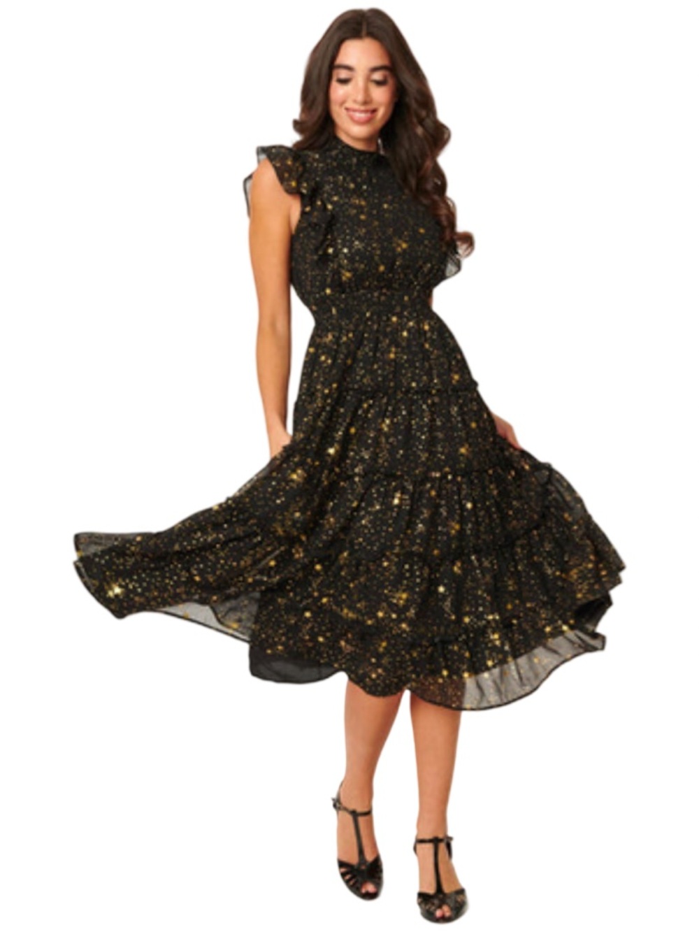 Ina Black Gold Stars Tiered Midi Dress Retro Fairy Celestial Whimsygoth Medium